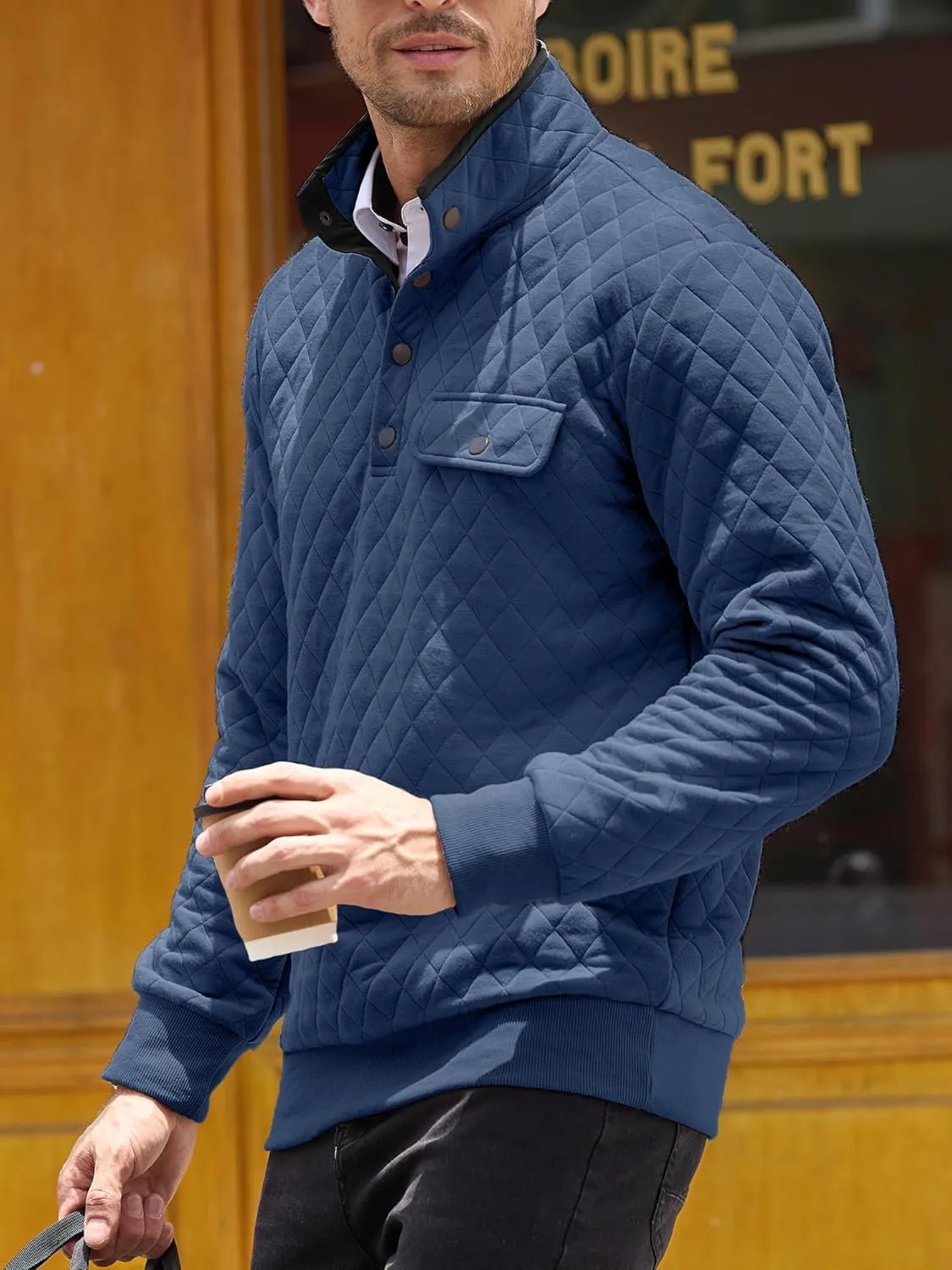 PLEPAN Mens Quilted Sweatshirt Long Sleeve Casual Stand Collar 1/4 Button Pullover Sweatshirts for Men