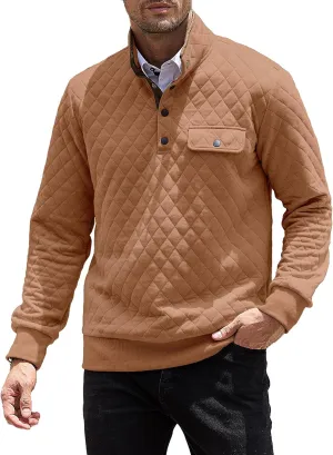 PLEPAN Mens Quilted Sweatshirt Long Sleeve Casual Stand Collar 1/4 Button Pullover Sweatshirts for Men