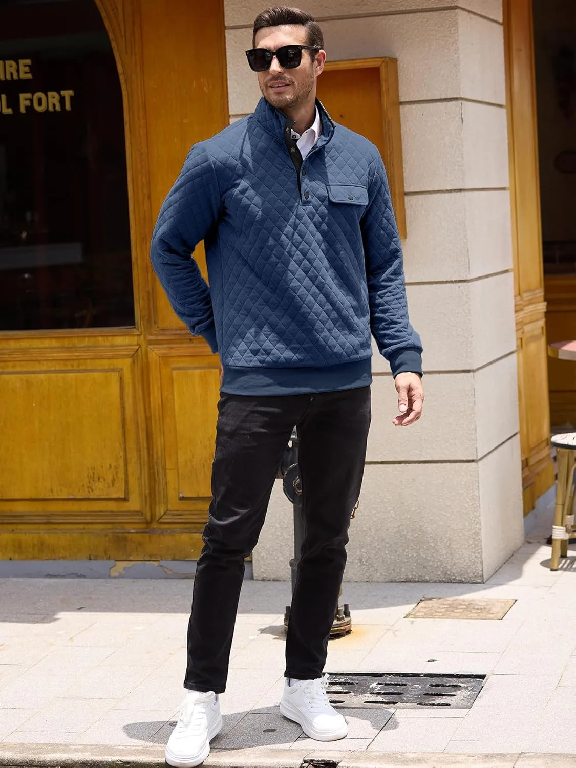 PLEPAN Mens Quilted Sweatshirt Long Sleeve Casual Stand Collar 1/4 Button Pullover Sweatshirts for Men