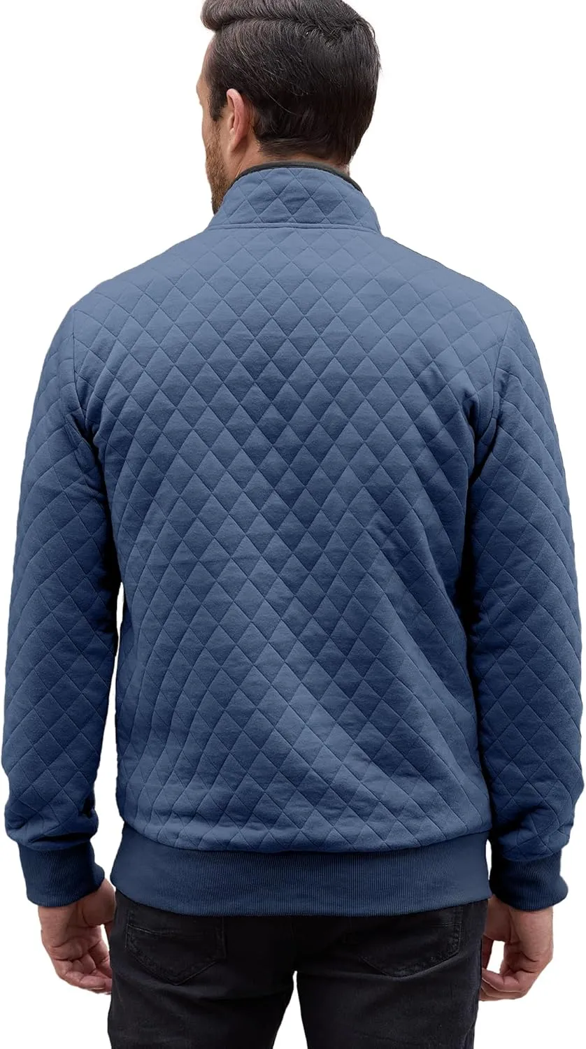 PLEPAN Mens Quilted Sweatshirt Long Sleeve Casual Stand Collar 1/4 Button Pullover Sweatshirts for Men