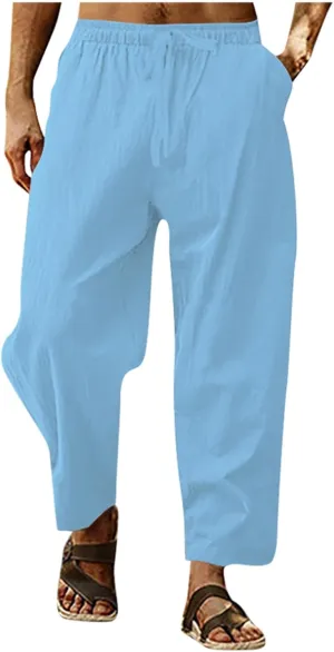 Plus Size Cotton Linen Pants for Men Elastic Waisted Straight Leg Beach Yoga Pants Breathable Lightweight Trousers Black Chino Pants