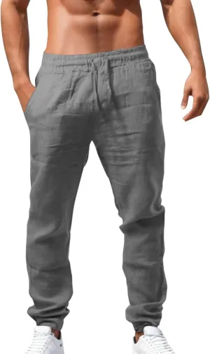 Plus Size Cotton Linen Pants for Men Elastic Waisted Straight Leg Beach Yoga Pants Breathable Lightweight Trousers Chino Pant Stretch
