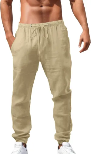 Plus Size Cotton Linen Pants for Men Elastic Waisted Straight Leg Beach Yoga Pants Breathable Lightweight Trousers Chino Pant