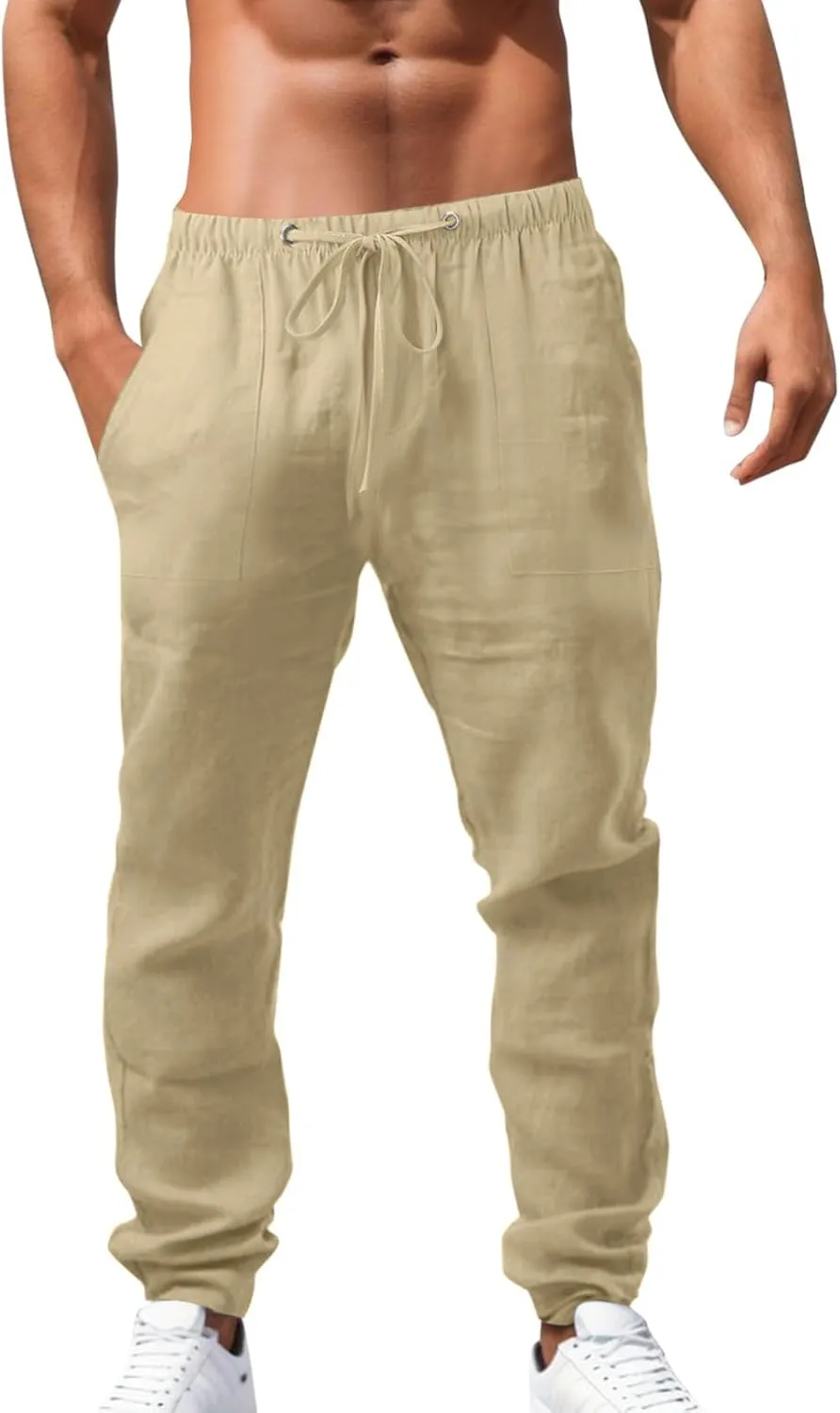 Plus Size Cotton Linen Pants for Men Elastic Waisted Straight Leg Beach Yoga Pants Breathable Lightweight Trousers Chino Pant