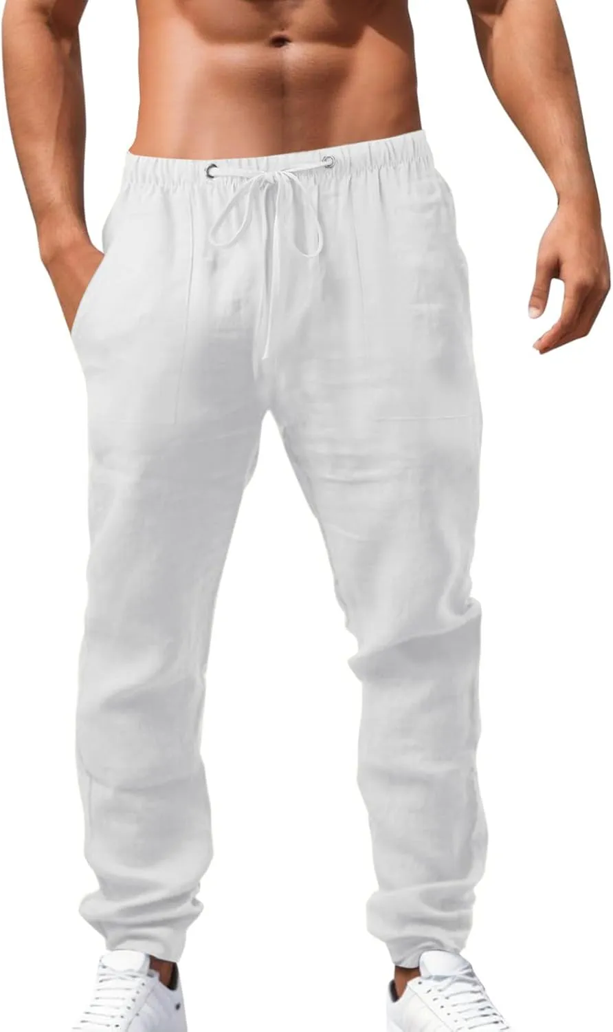 Plus Size Cotton Linen Pants for Men Elastic Waisted Straight Leg Beach Yoga Pants Breathable Lightweight Trousers Mens Thermal Underwear Bottoms
