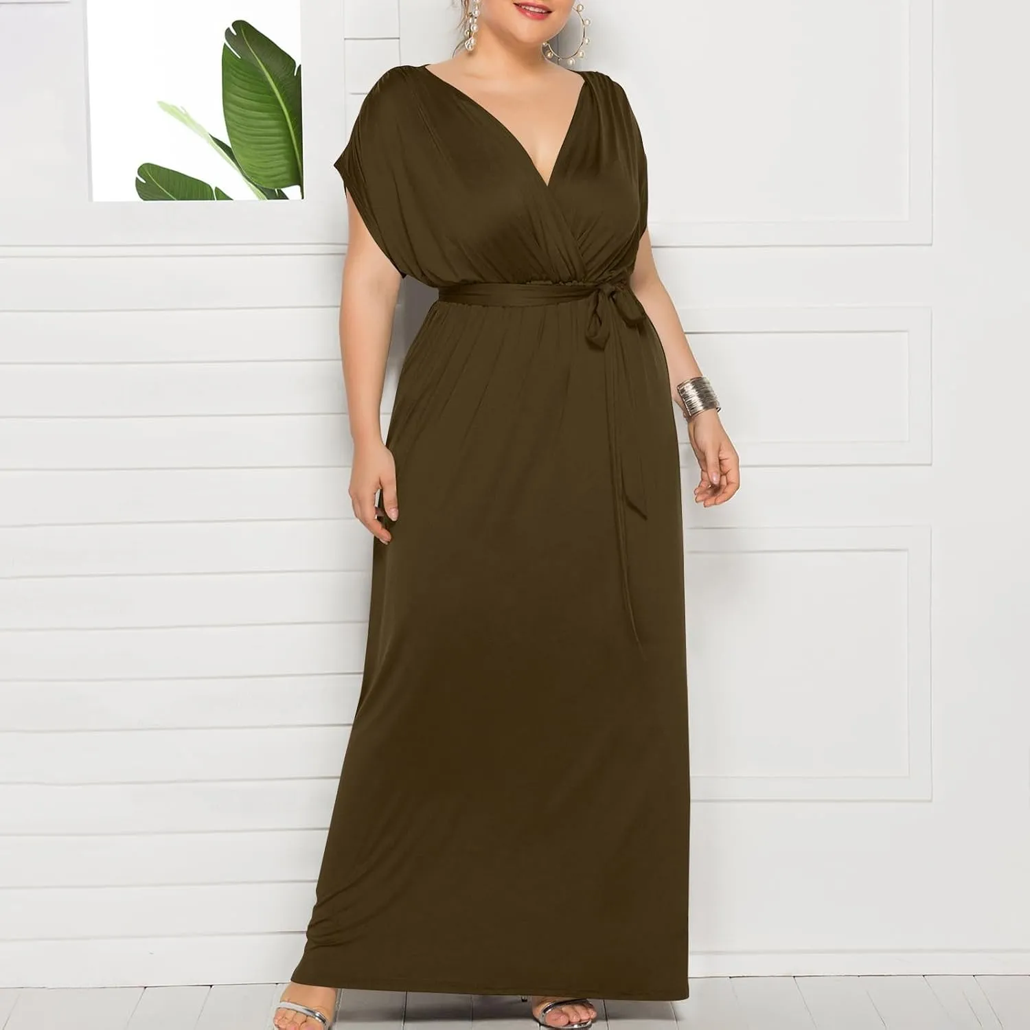 Plus Size Dress for Curvy Women Bridesmaid Long Evening Maxi Wrap Dress 2025 Wedding Guest Maxi Dresses with Belt