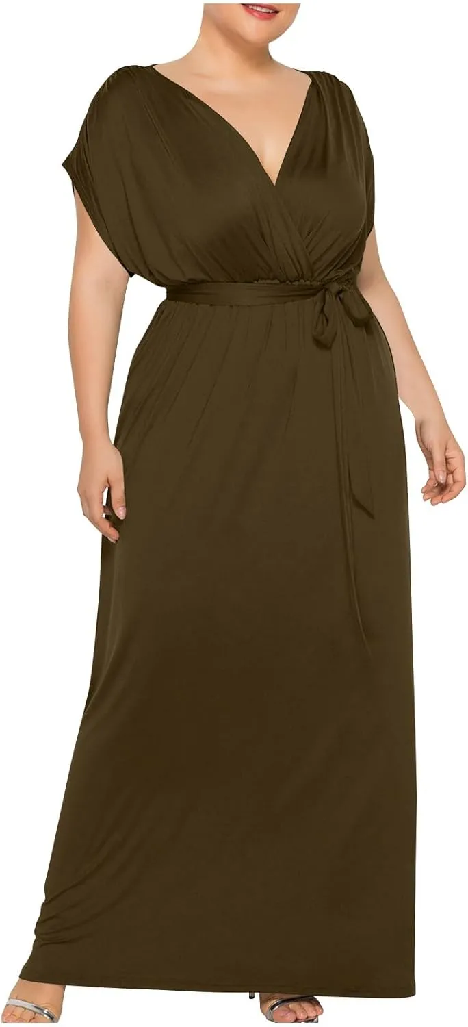 Plus Size Dress for Curvy Women Bridesmaid Long Evening Maxi Wrap Dress 2025 Wedding Guest Maxi Dresses with Belt