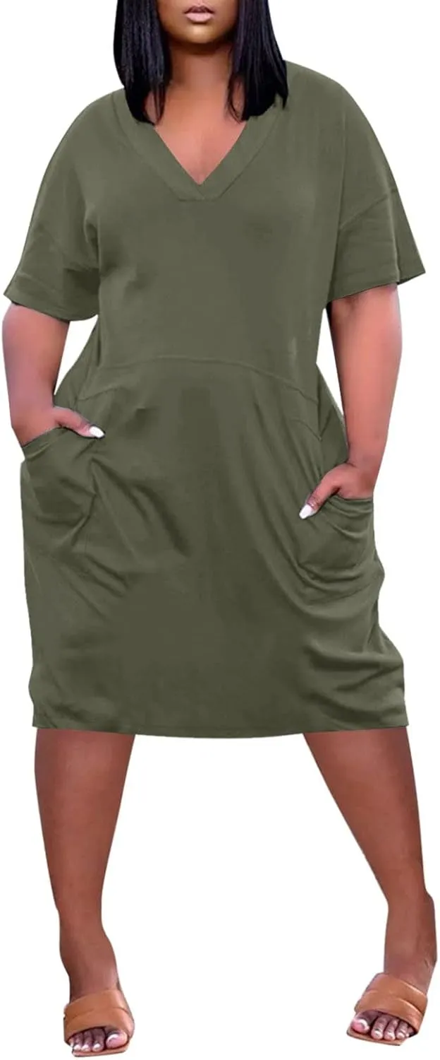 Plus Size Dresses for Curvy Women Cute Summer V Neck Mid Length Tshirt Dress with Pockets Casual Beachy Resort Dresses