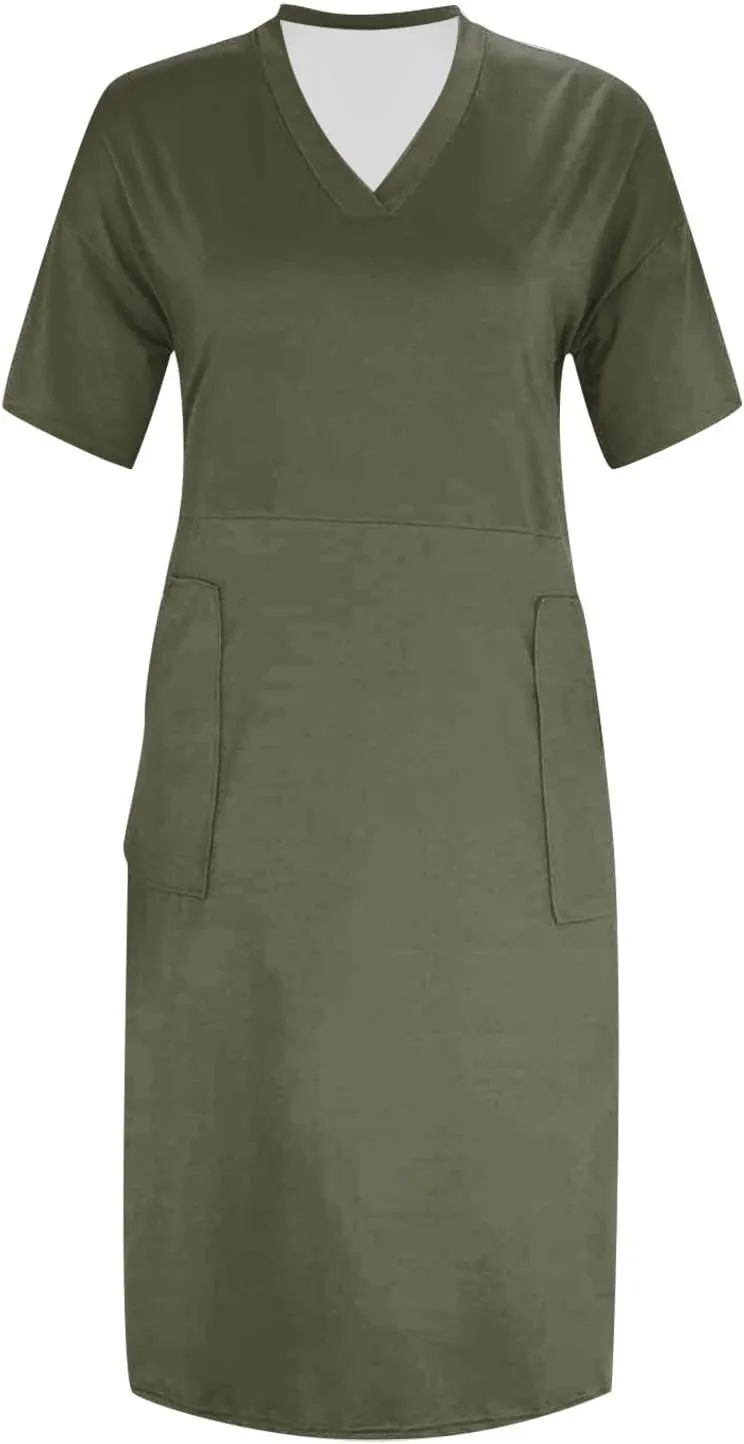 Plus Size Dresses for Curvy Women Cute Summer V Neck Mid Length Tshirt Dress with Pockets Casual Beachy Resort Dresses