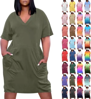 Plus Size Dresses for Curvy Women Cute Summer V Neck Mid Length Tshirt Dress with Pockets Casual Beachy Resort Dresses