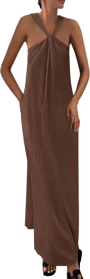PRETTYGARDEN Womens 2025 Casual Long Summer Dresses Sleeveless Strappy Loose Flowy Beach Vacation Maxi Dress with Pockets