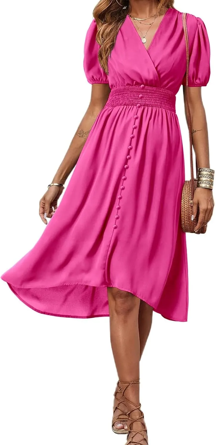 PRETTYGARDEN Women's Floral Wrap V-Neck Midi Dress Short Sleeve Boho Summer Beach Long Dress High Low Hem Smocked Dress Women