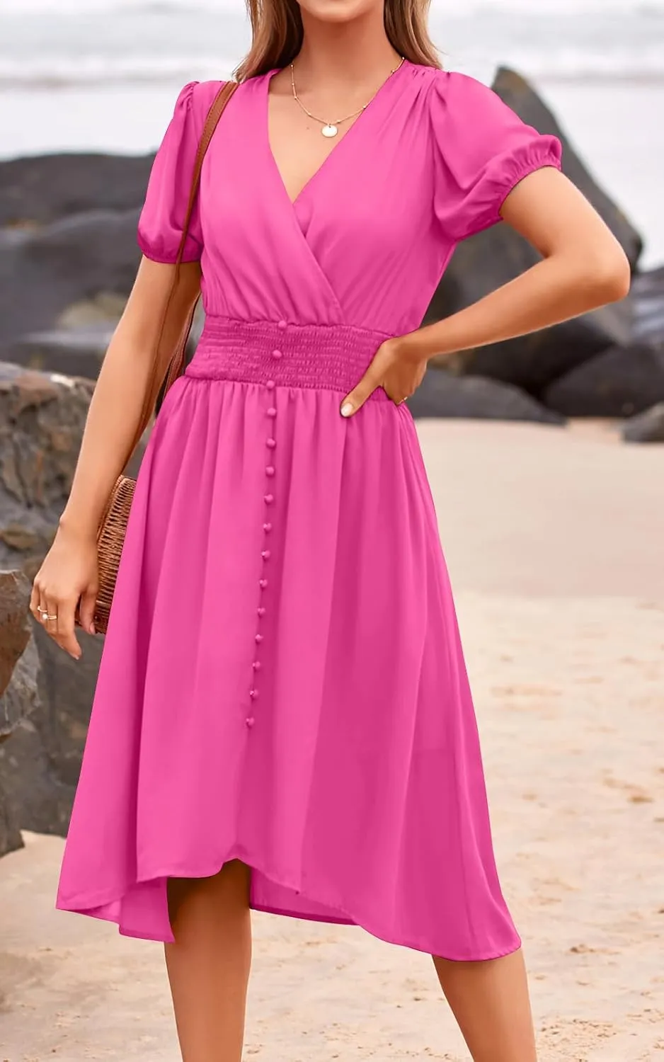 PRETTYGARDEN Women's Floral Wrap V-Neck Midi Dress Short Sleeve Boho Summer Beach Long Dress High Low Hem Smocked Dress Women
