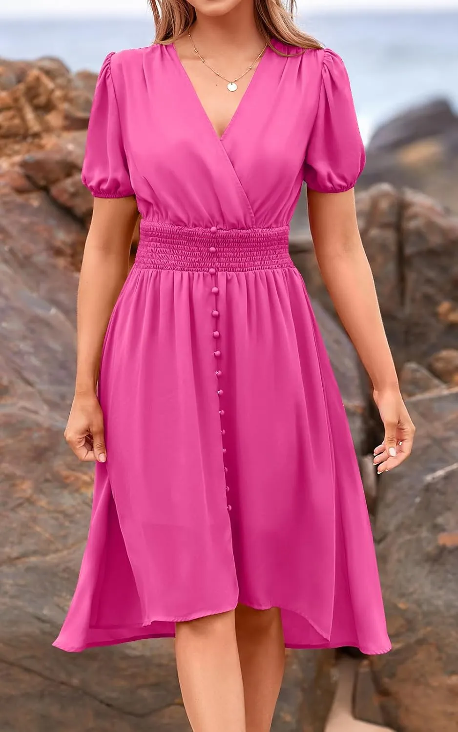 PRETTYGARDEN Women's Floral Wrap V-Neck Midi Dress Short Sleeve Boho Summer Beach Long Dress High Low Hem Smocked Dress Women