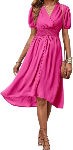 PRETTYGARDEN Women's Floral Wrap V-Neck Midi Dress Short Sleeve Boho Summer Beach Long Dress High Low Hem Smocked Dress Women