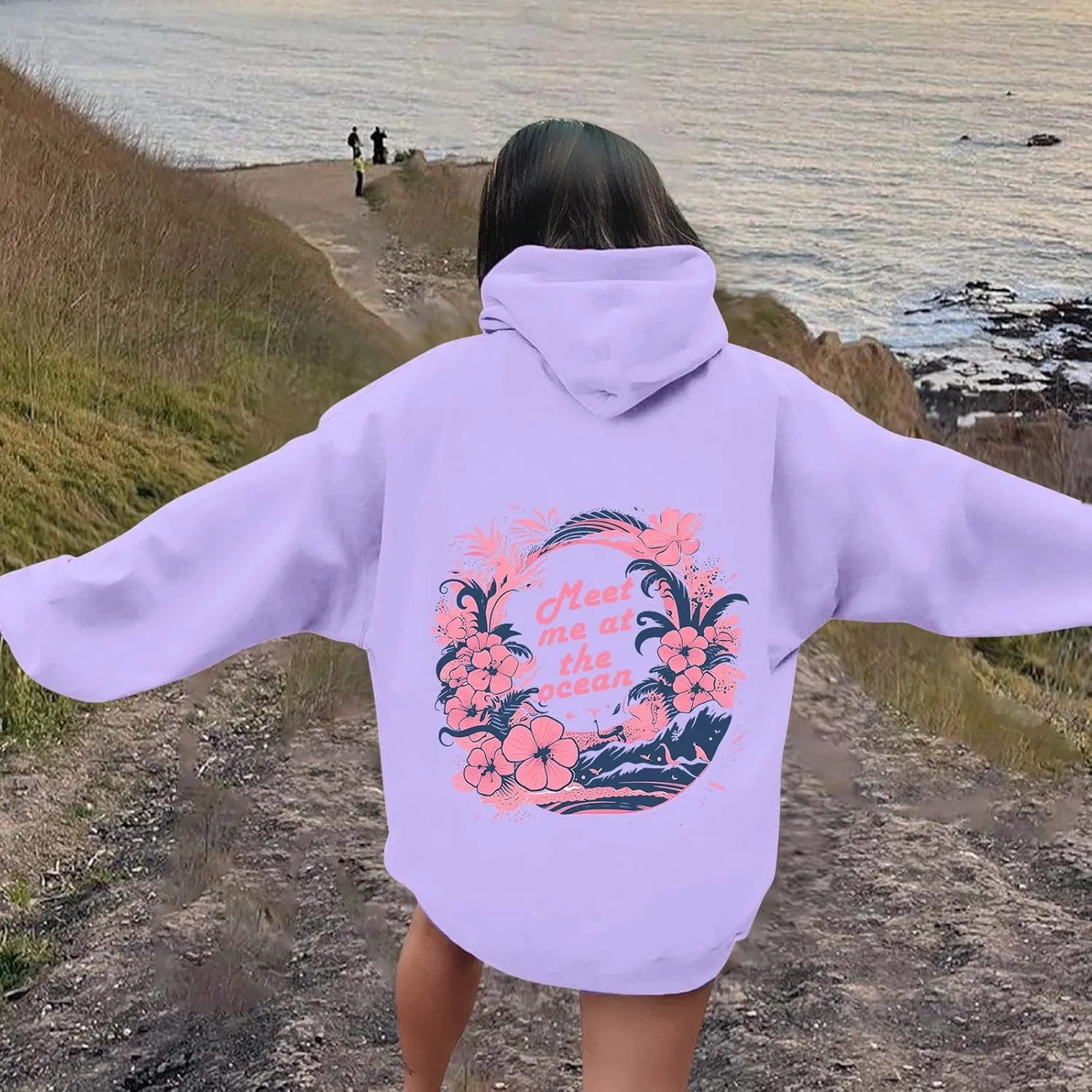Puff Oversized Hoodies for Women, Teen Girls Preppy Sweatshirt Long Sleeve Y2K Graphic Ocean Pullover Top with Pocket