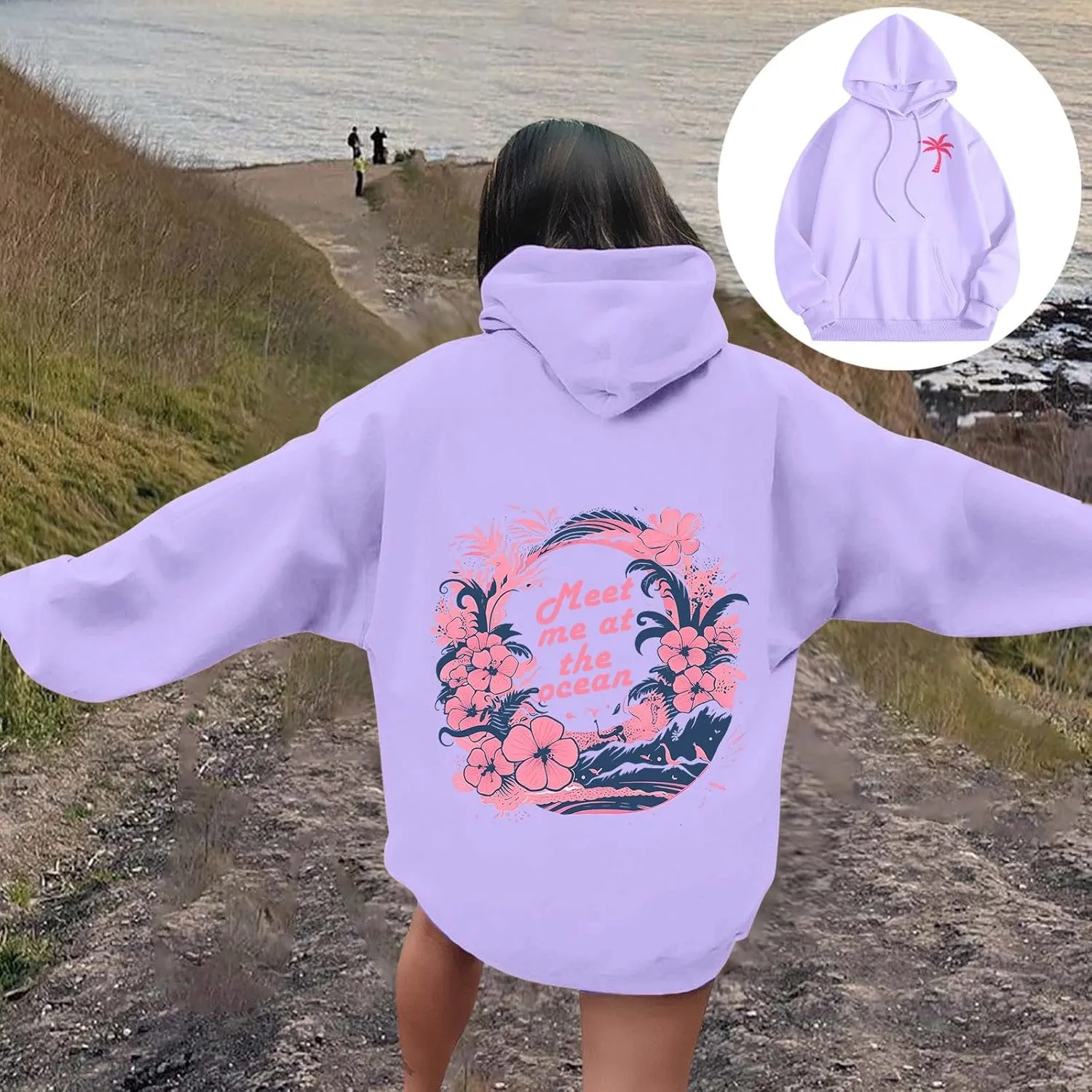 Puff Oversized Hoodies for Women, Teen Girls Preppy Sweatshirt Long Sleeve Y2K Graphic Ocean Pullover Top with Pocket