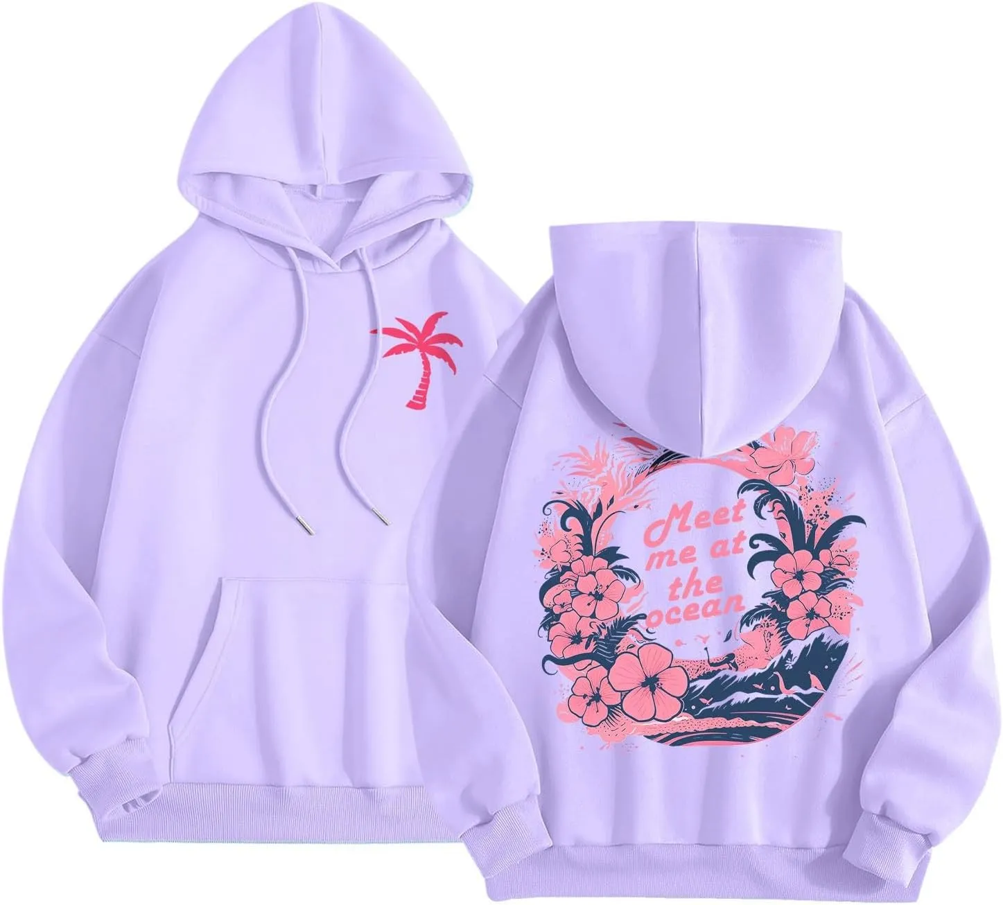 Puff Oversized Hoodies for Women, Teen Girls Preppy Sweatshirt Long Sleeve Y2K Graphic Ocean Pullover Top with Pocket