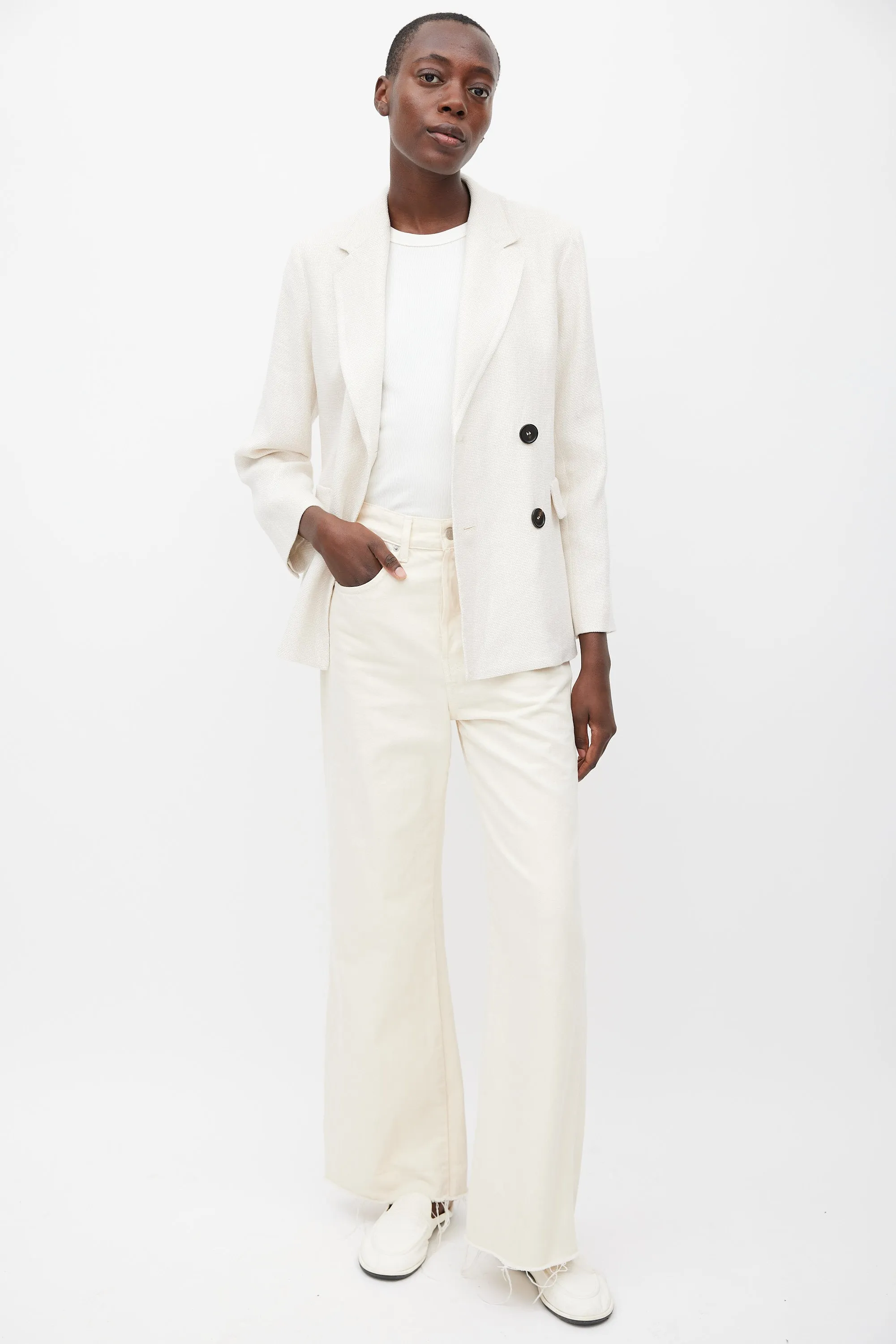 S Beige Linen Double Breasted Blazer