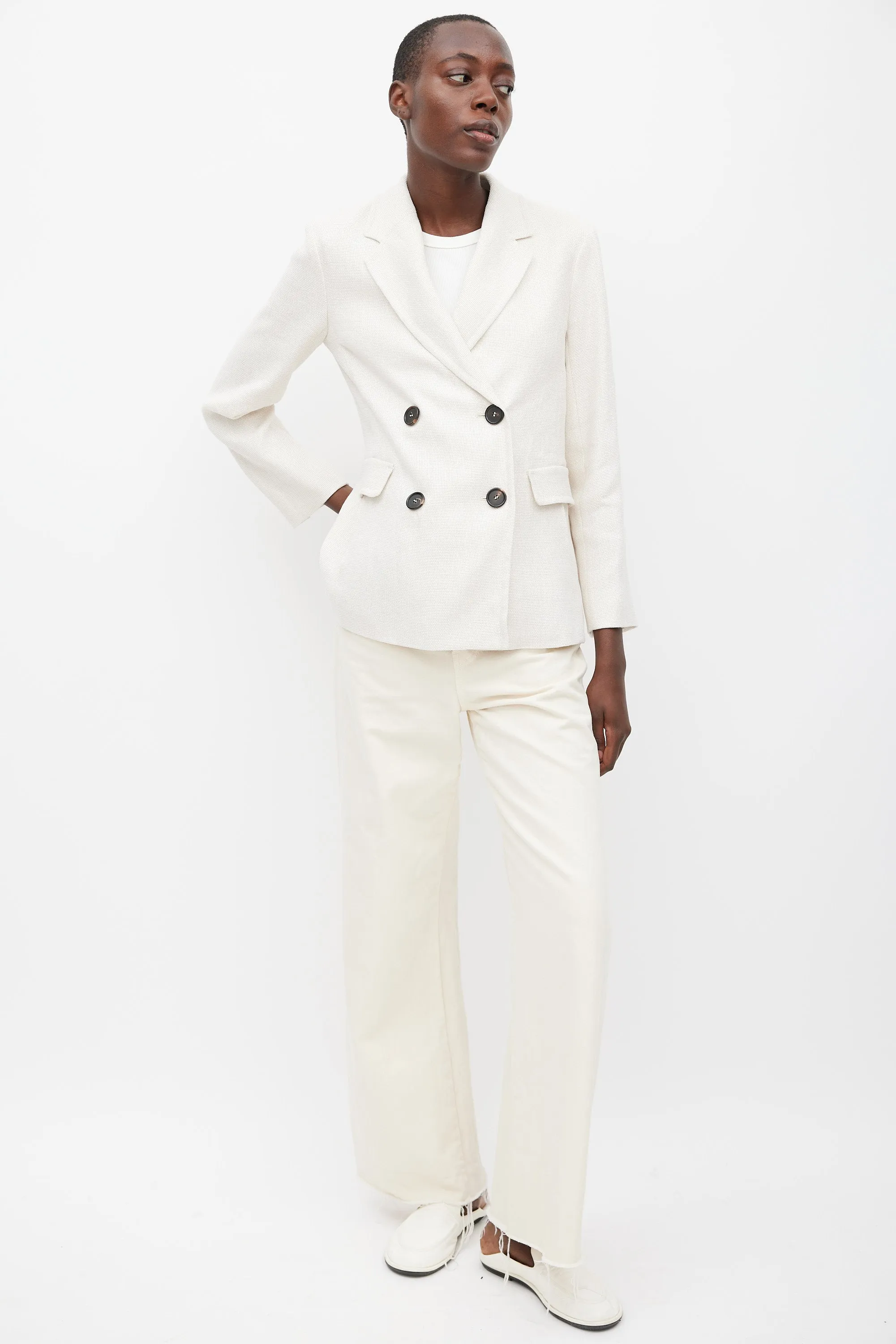 S Beige Linen Double Breasted Blazer