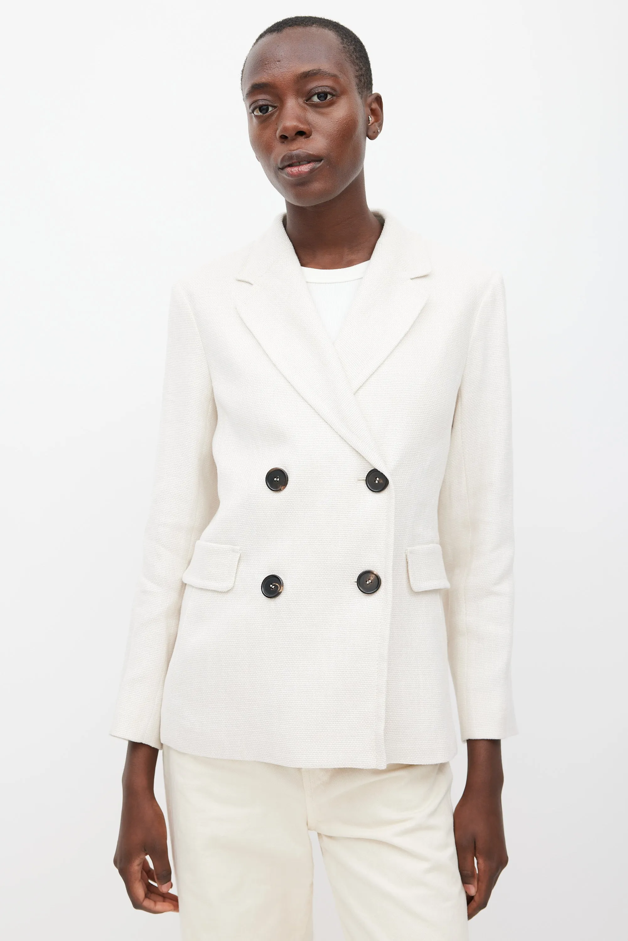 S Beige Linen Double Breasted Blazer