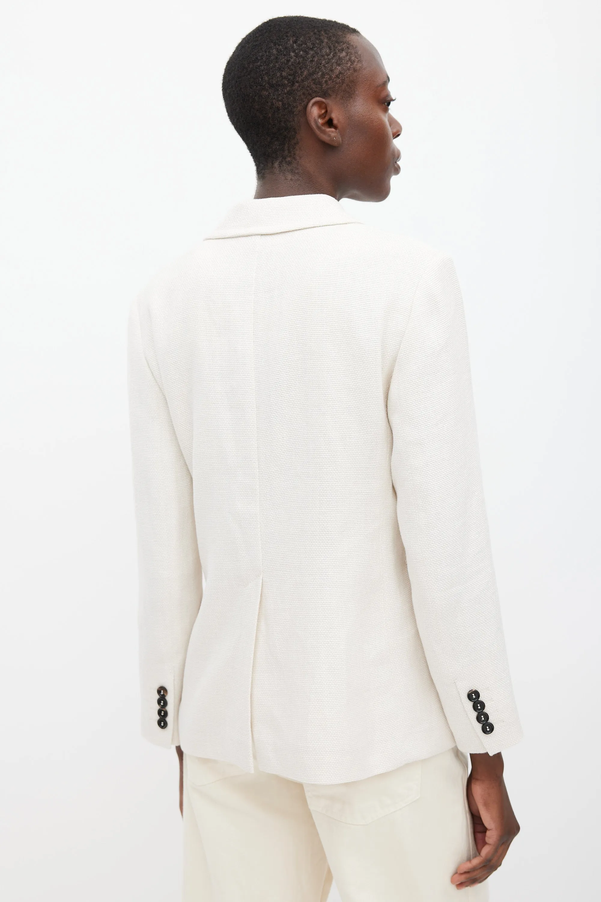 S Beige Linen Double Breasted Blazer