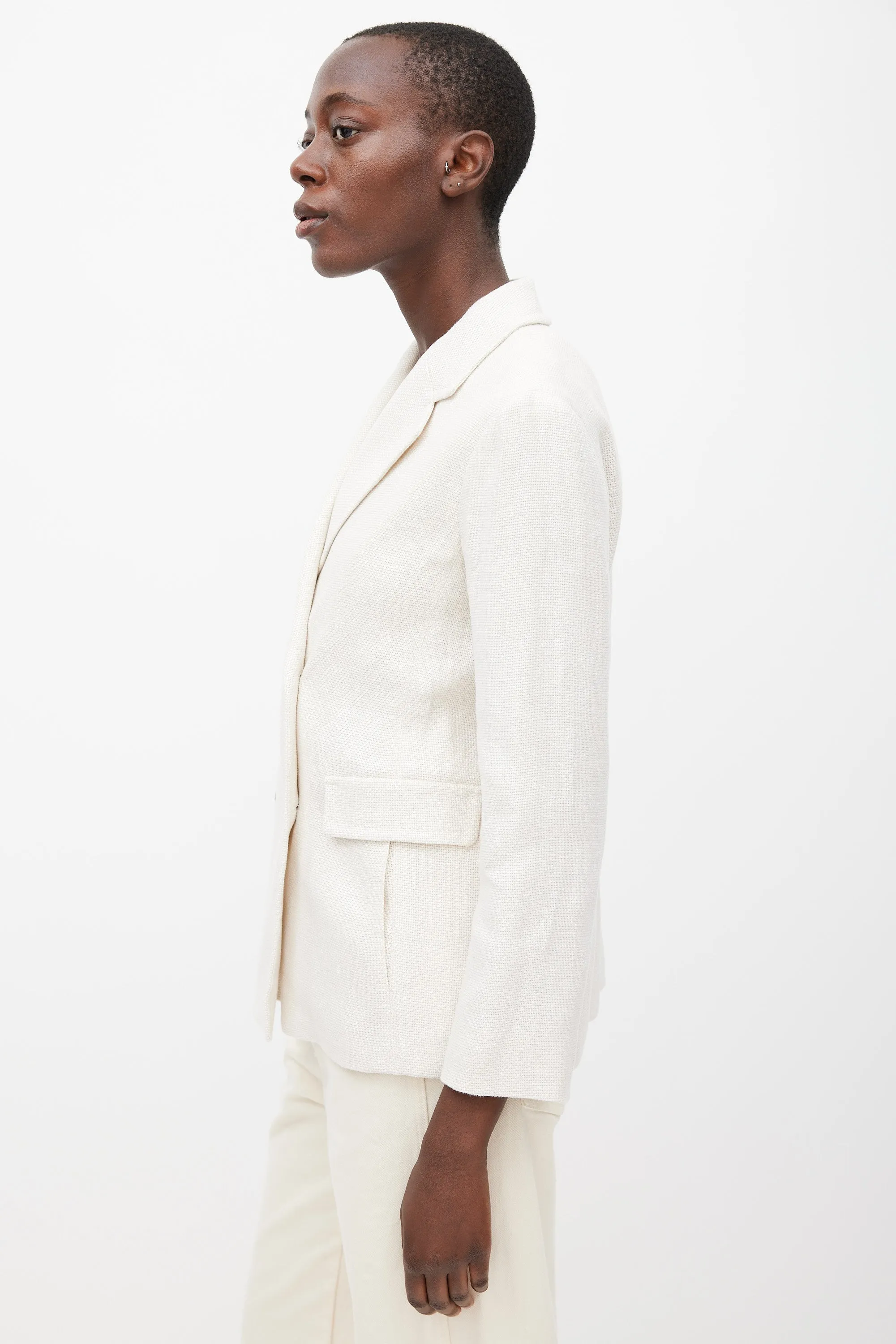 S Beige Linen Double Breasted Blazer