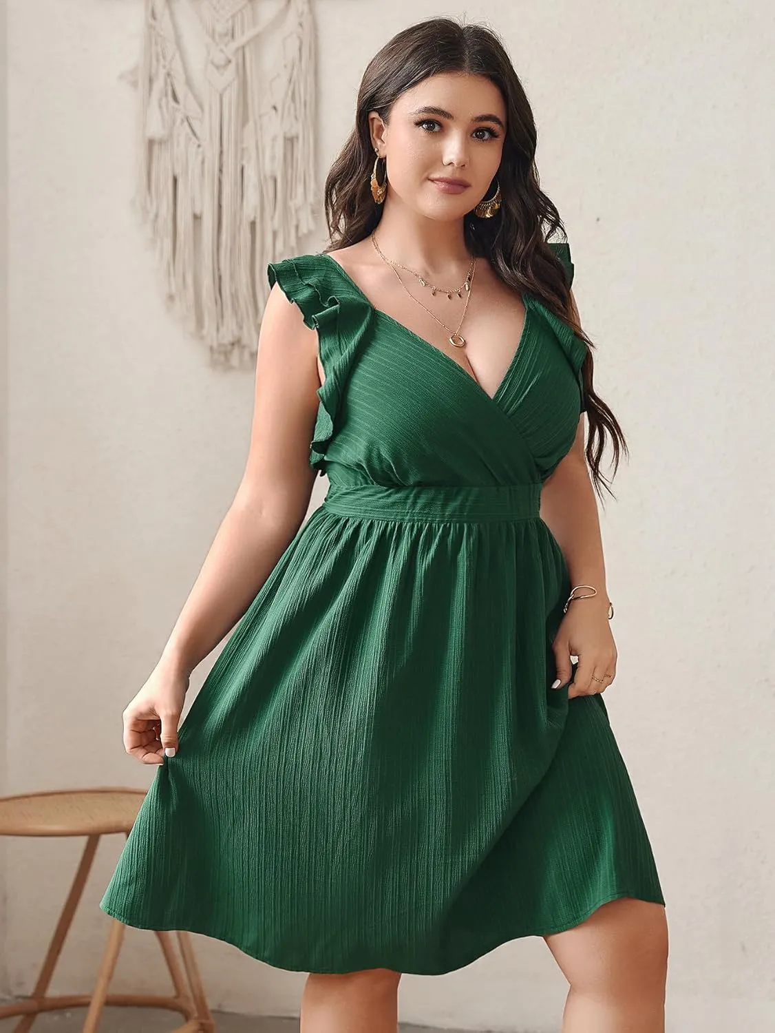 SCOMCHIC Womens Plus Size Summer Dress Ruffle Cap Sleeve V Neck Swing A Line Cocktail Party Dresses
