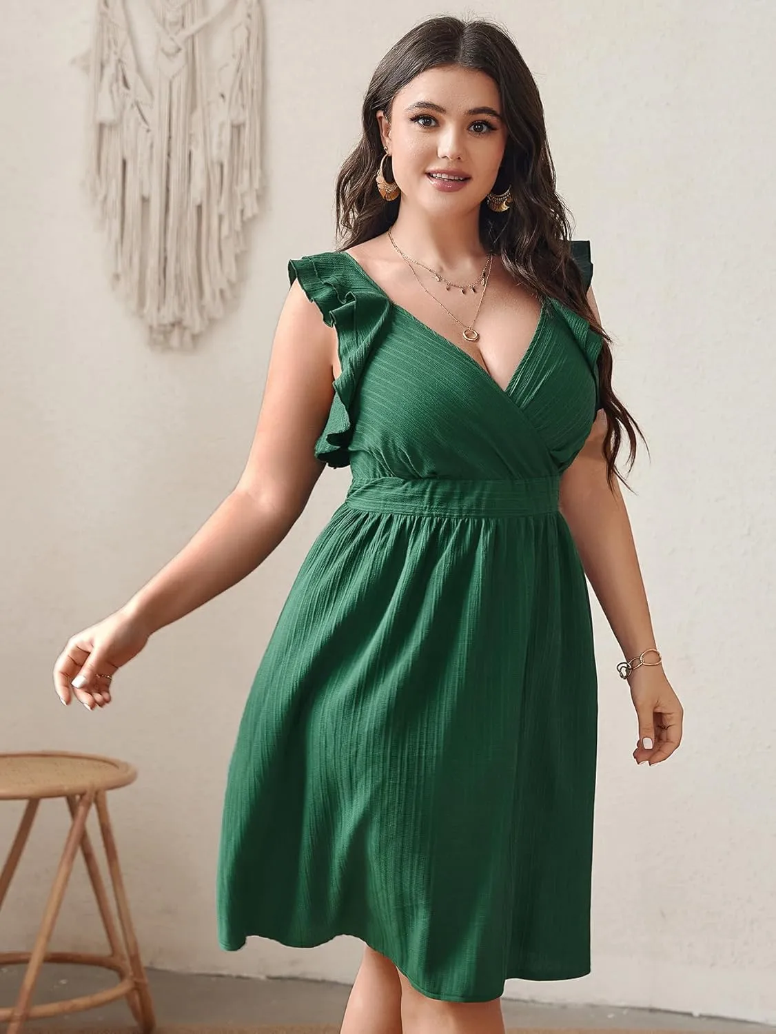 SCOMCHIC Womens Plus Size Summer Dress Ruffle Cap Sleeve V Neck Swing A Line Cocktail Party Dresses