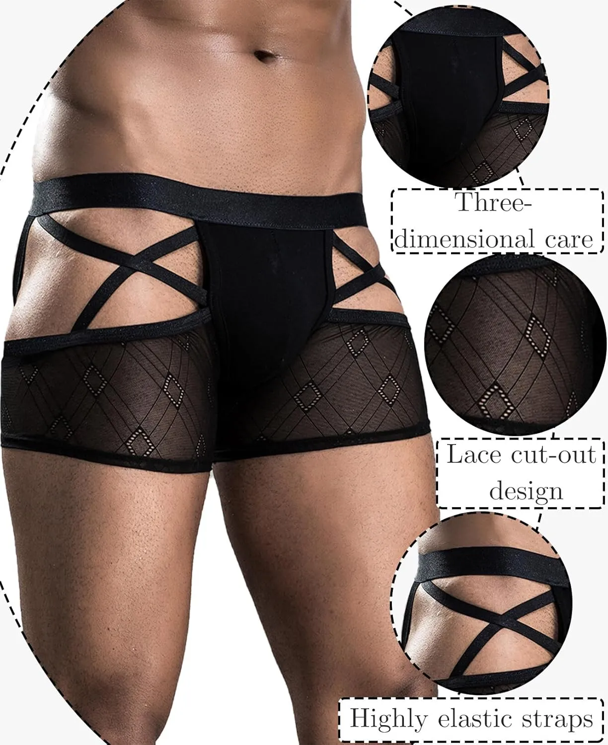 SEAUR Men's See Through Lace Boxer Brief Breathable Lightweight Low Rise Underwear Elastic Comfort Stretchy Lingerie