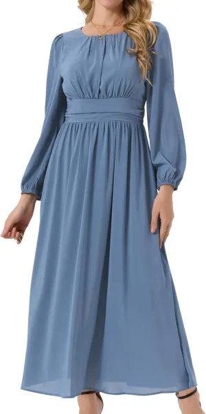 Seta T Women's Cocktail Party Dresses Crewneck Lantern Long Sleeves A-Line Chiffon Maxi Formal Dress