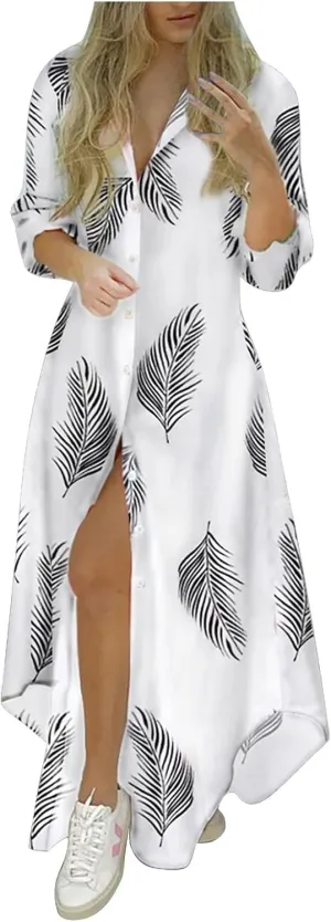 Shirt Dresses for Women,2024 Summer Casual Button V Neck Maxi Dress,Long Sleeve Print Irregular Slit Hem Beach Dress