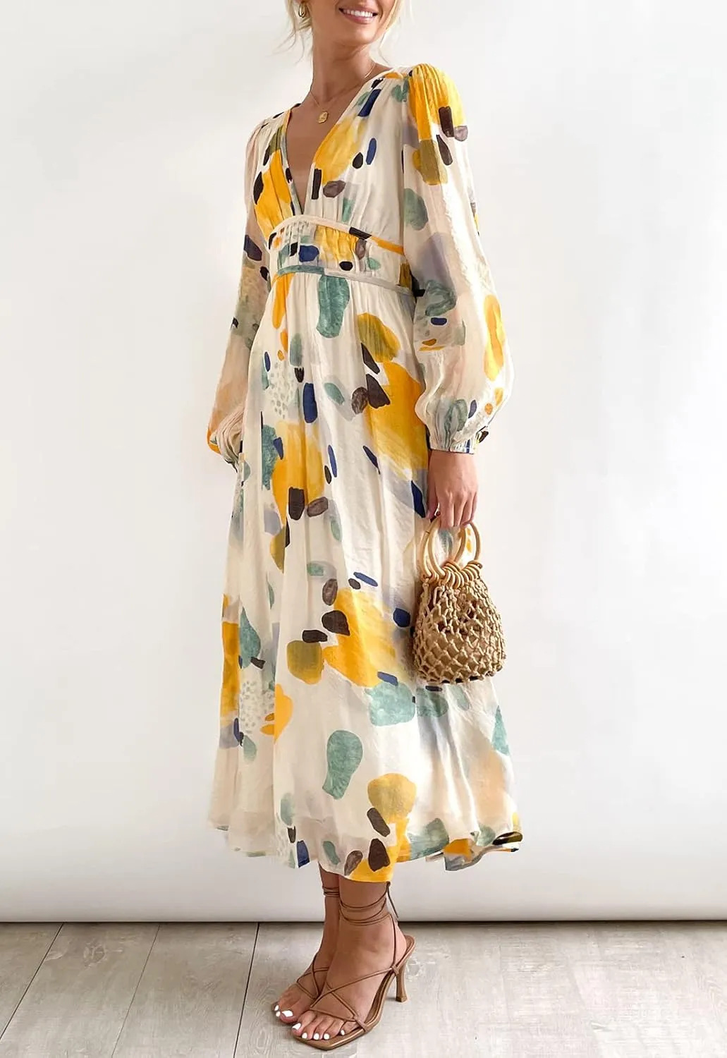 Sissyaki Women's Long Sleeve Boho Floral Maxi Dress Smocked Beach Flowy Dress