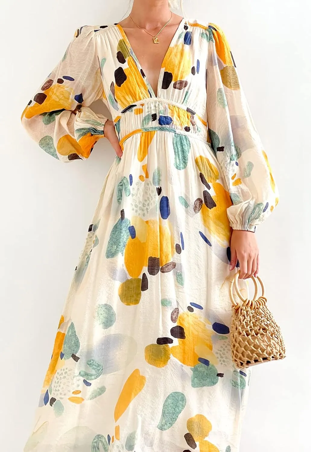 Sissyaki Women's Long Sleeve Boho Floral Maxi Dress Smocked Beach Flowy Dress
