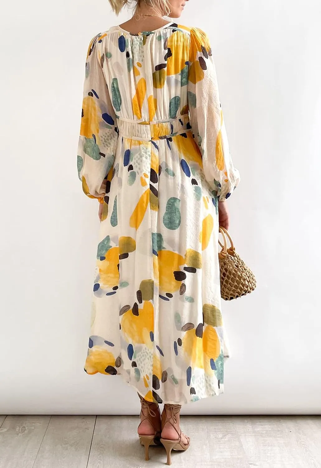Sissyaki Women's Long Sleeve Boho Floral Maxi Dress Smocked Beach Flowy Dress