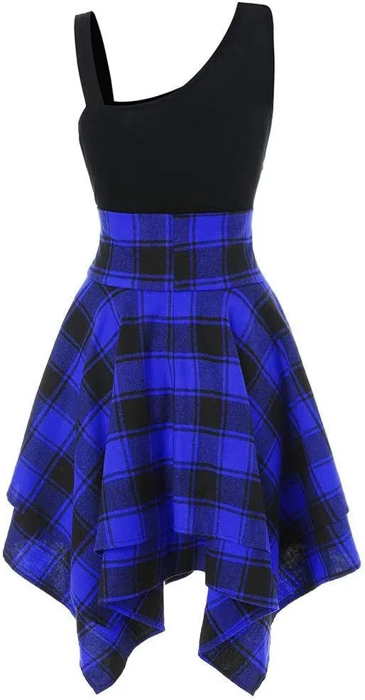 Skater Dresses for Women,Summer Casual Lace-up Gingham Tank Dress High Waist Pleated Dress for School Girl
