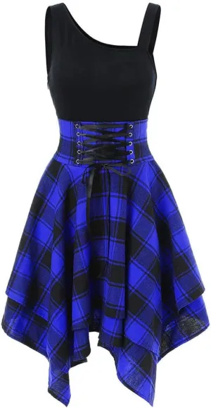 Skater Dresses for Women,Summer Casual Lace-up Gingham Tank Dress High Waist Pleated Dress for School Girl