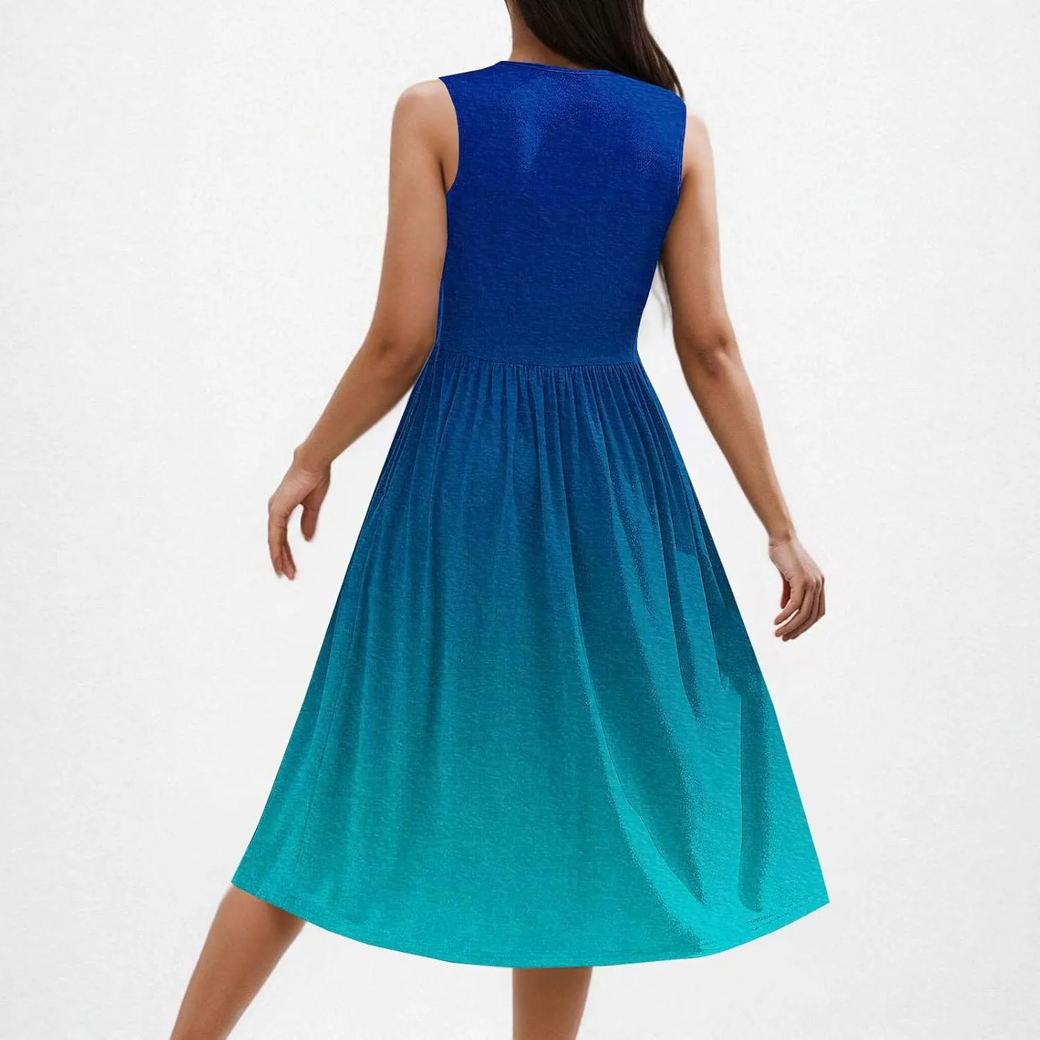 Sleeveless A-Line Beach Dress for Women Crewneck Midi Dresses Summer Casual Loose Flowy Tshirt Dress with Pockets