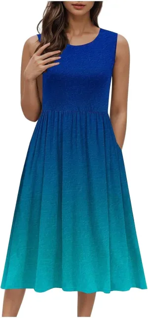 Sleeveless A-Line Beach Dress for Women Crewneck Midi Dresses Summer Casual Loose Flowy Tshirt Dress with Pockets