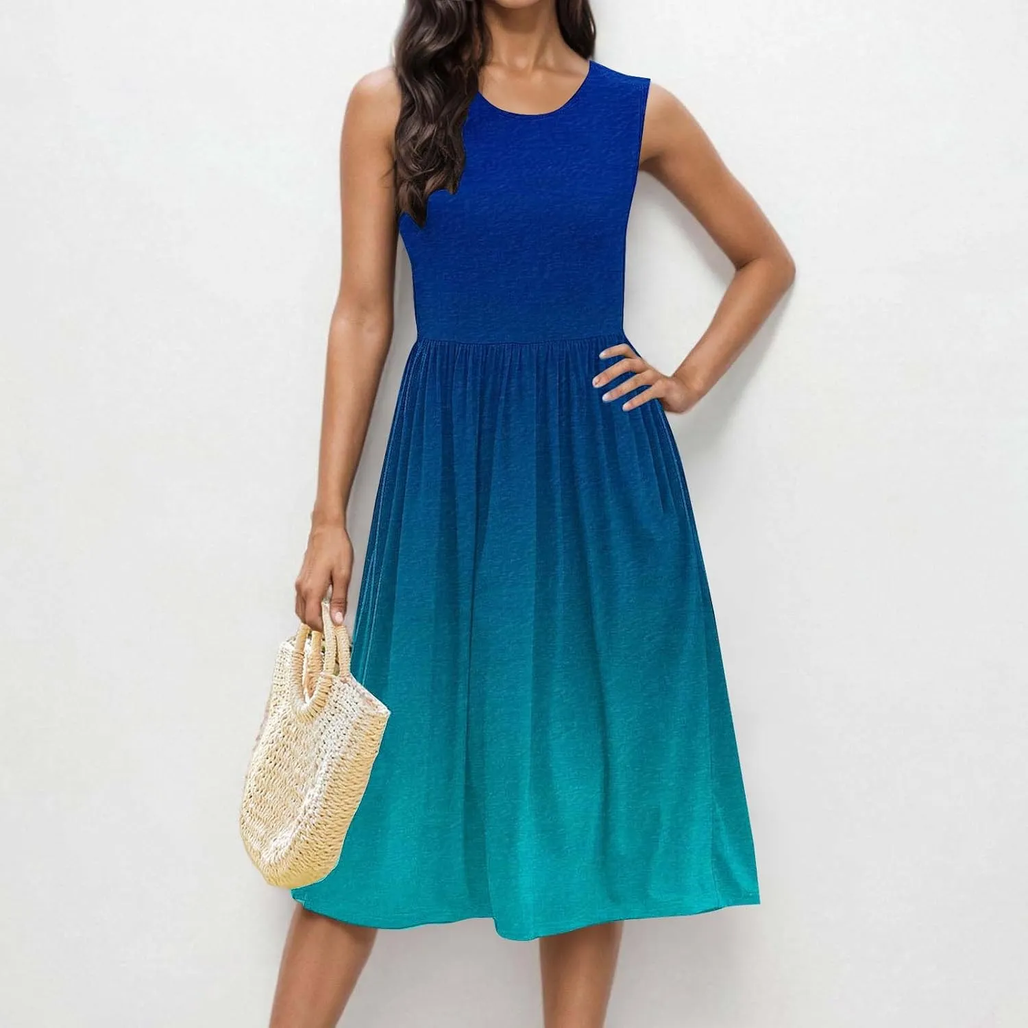 Sleeveless A-Line Beach Dress for Women Crewneck Midi Dresses Summer Casual Loose Flowy Tshirt Dress with Pockets