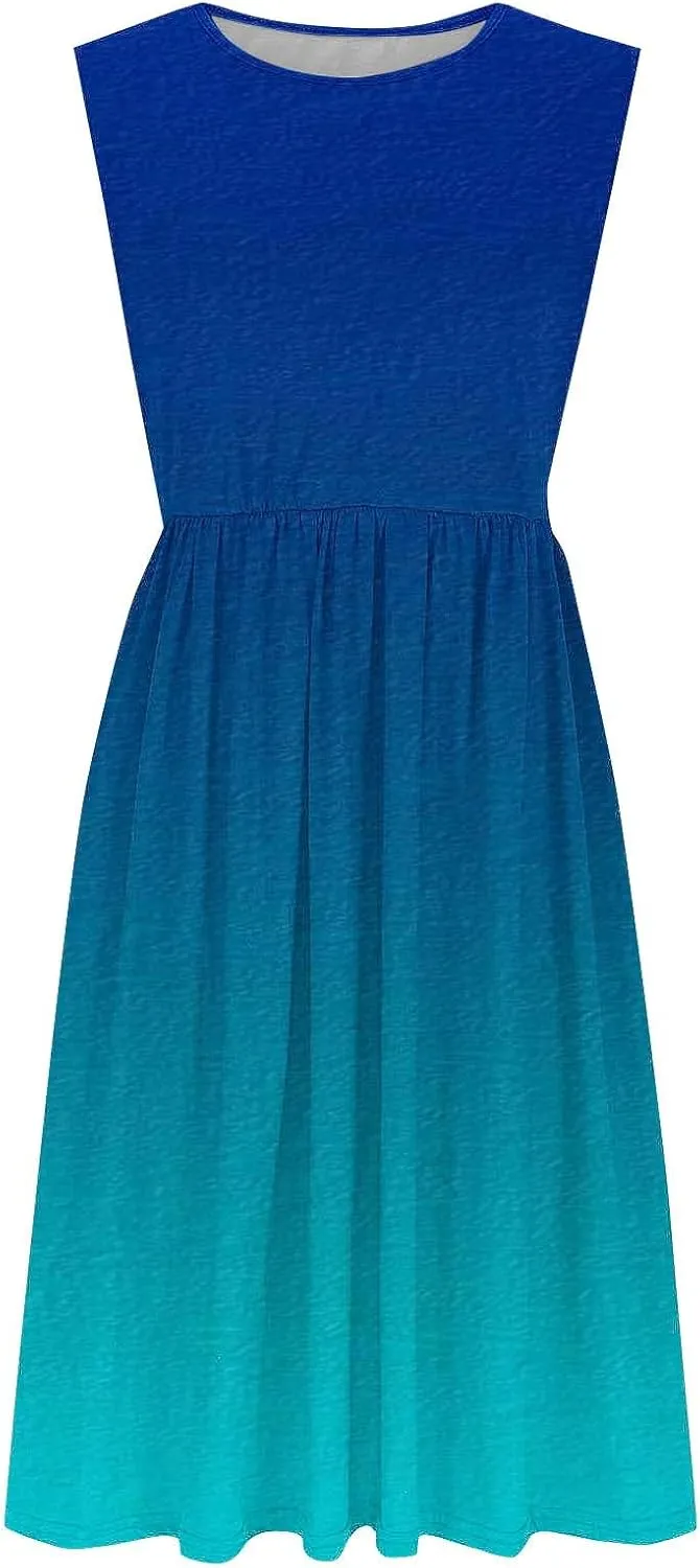 Sleeveless A-Line Beach Dress for Women Crewneck Midi Dresses Summer Casual Loose Flowy Tshirt Dress with Pockets