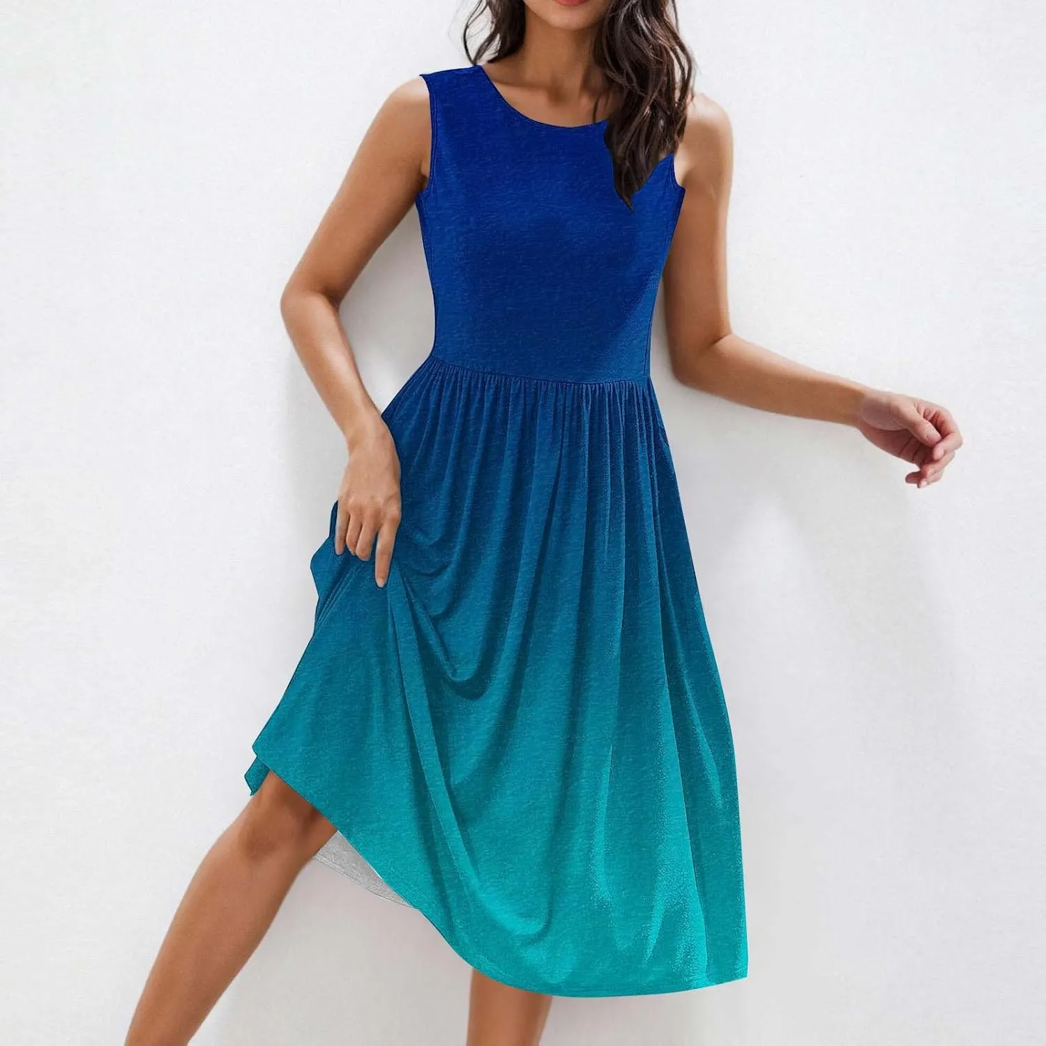 Sleeveless A-Line Beach Dress for Women Crewneck Midi Dresses Summer Casual Loose Flowy Tshirt Dress with Pockets