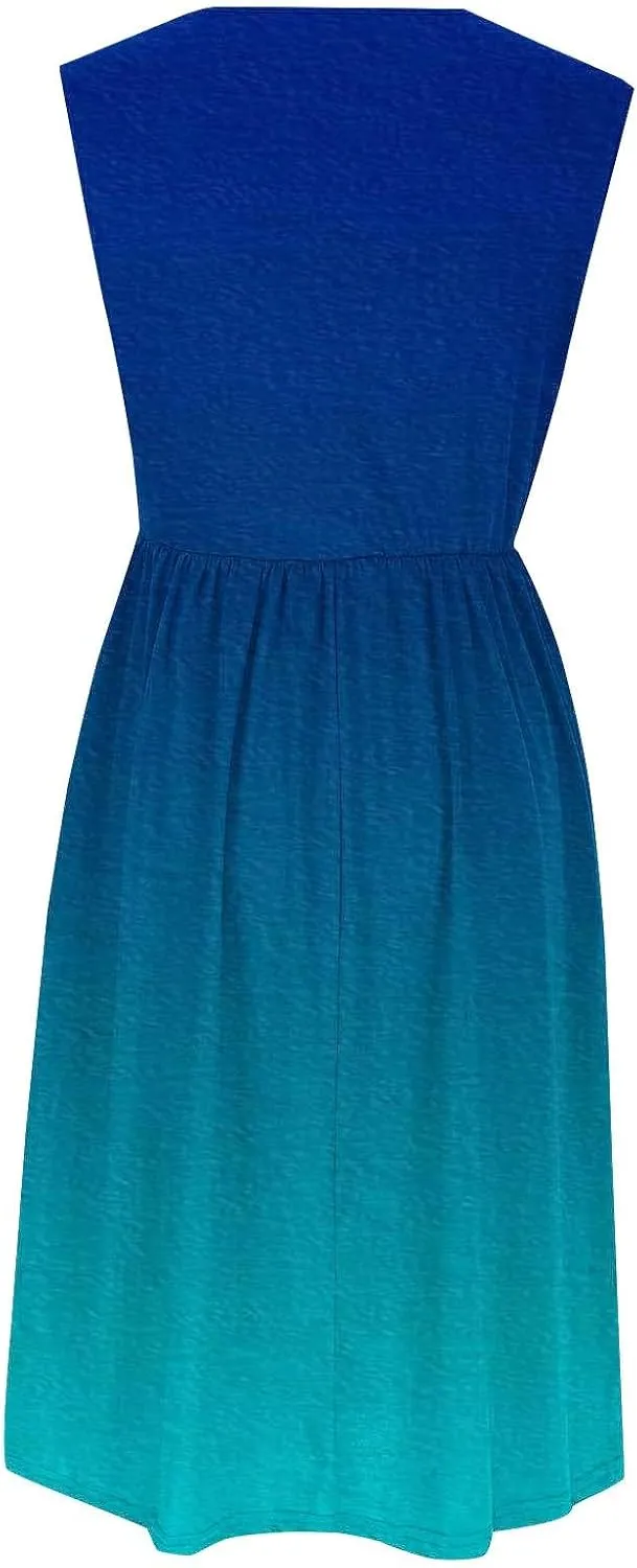 Sleeveless A-Line Beach Dress for Women Crewneck Midi Dresses Summer Casual Loose Flowy Tshirt Dress with Pockets