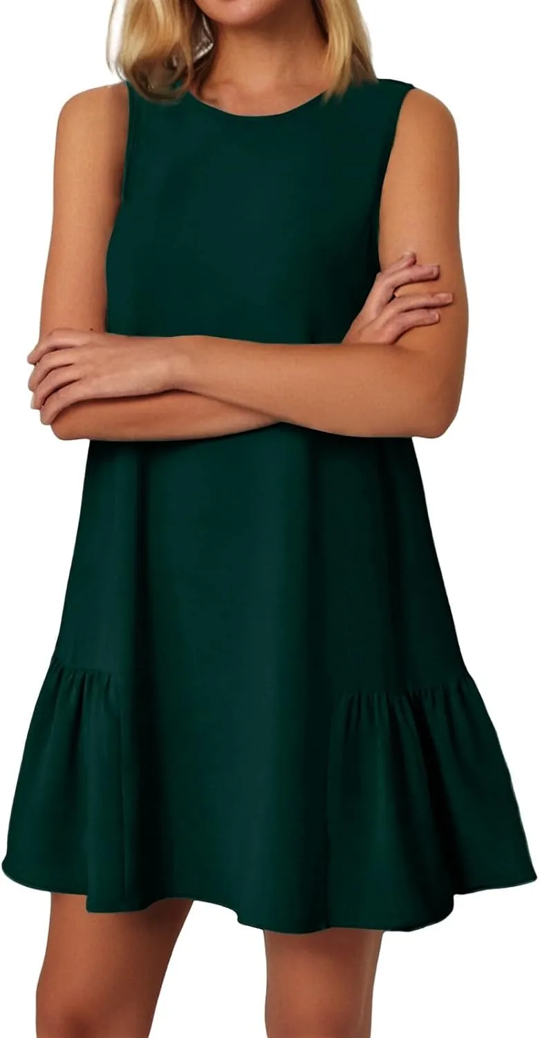 Sleeveless Dress for Women Crewneck Casual Summer Mini Dresses Trendy Ruffle A Line Babydoll Dress Cute Short Sundress