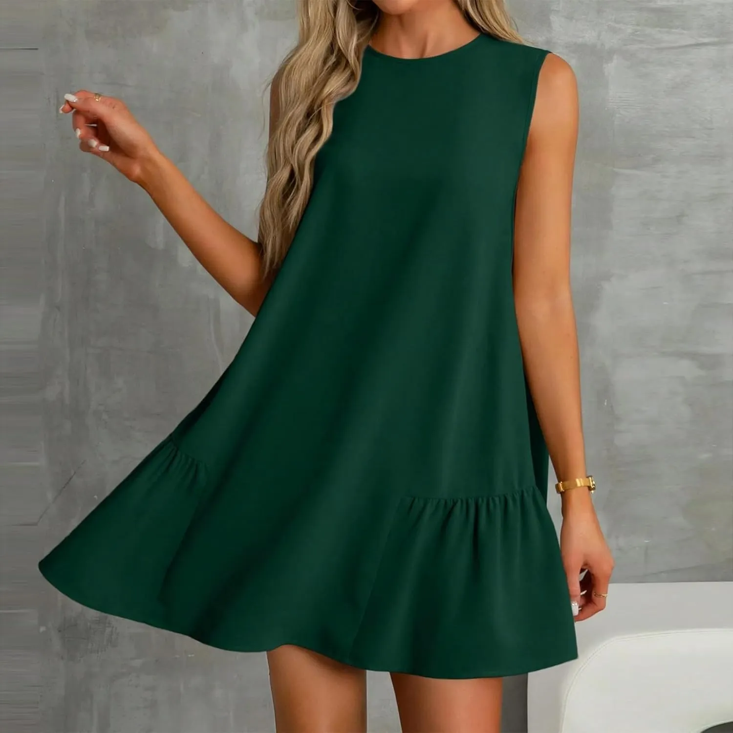 Sleeveless Dress for Women Crewneck Casual Summer Mini Dresses Trendy Ruffle A Line Babydoll Dress Cute Short Sundress