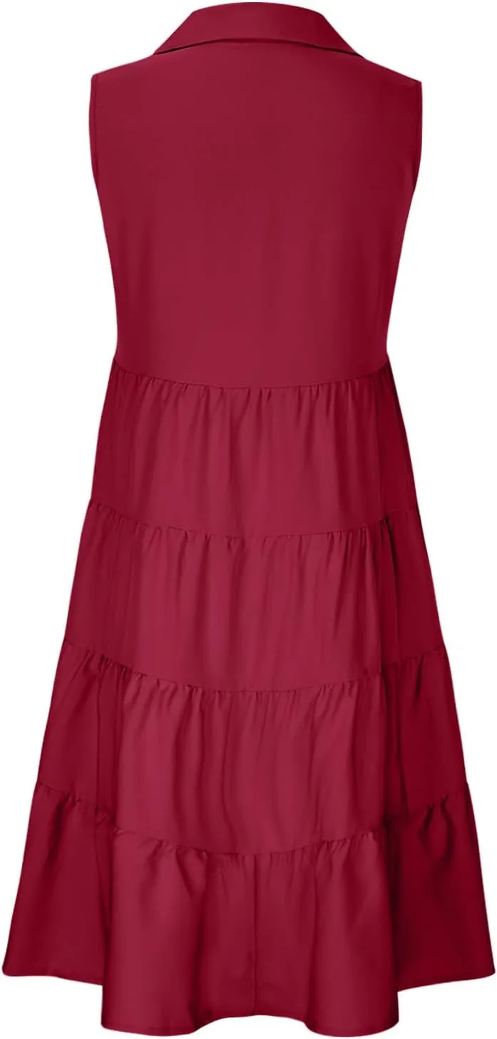 Sleeveless Short Tshirt Dress Women Fashion Button Down Mini Dresses Flowy Loose Fit V Neck Pleated A-Line Dresses