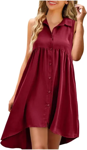 Sleeveless Short Tshirt Dress Women Fashion Button Down Mini Dresses Flowy Loose Fit V Neck Pleated A-Line Dresses