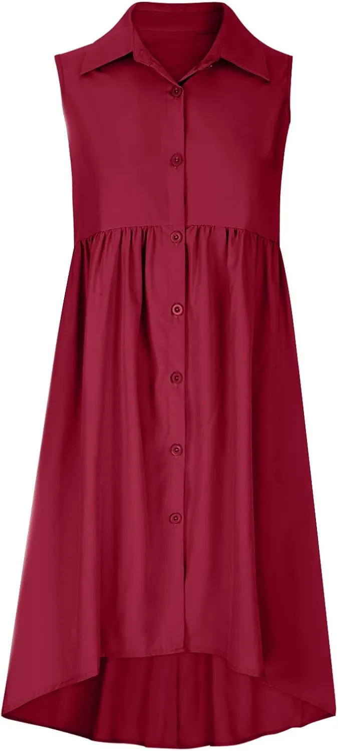 Sleeveless Short Tshirt Dress Women Fashion Button Down Mini Dresses Flowy Loose Fit V Neck Pleated A-Line Dresses