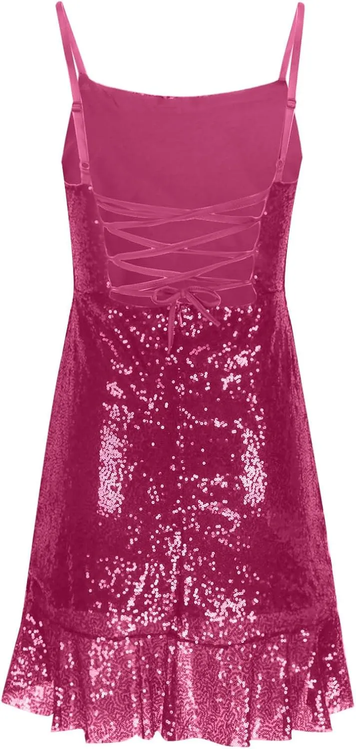 Sparkly Party Dress for Women Sexy Spaghetti Strap Mini Dresses Ruffle Glitter Sling Going Out Short