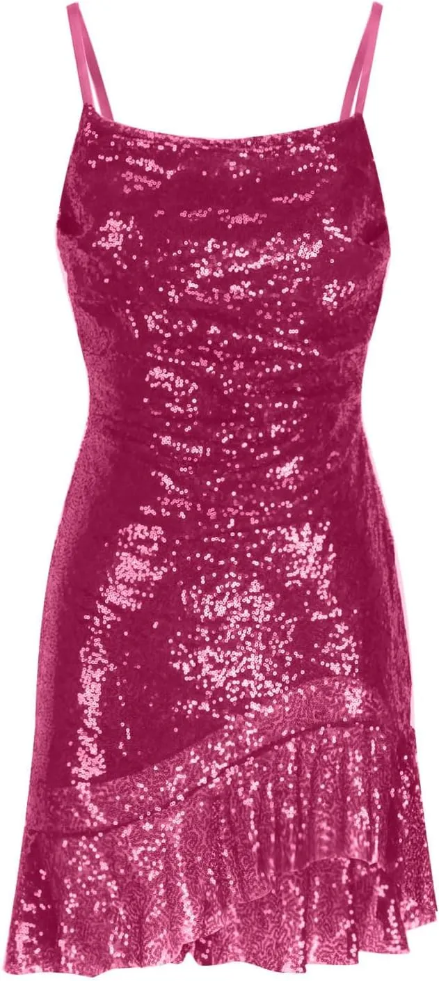Sparkly Party Dress for Women Sexy Spaghetti Strap Mini Dresses Ruffle Glitter Sling Going Out Short